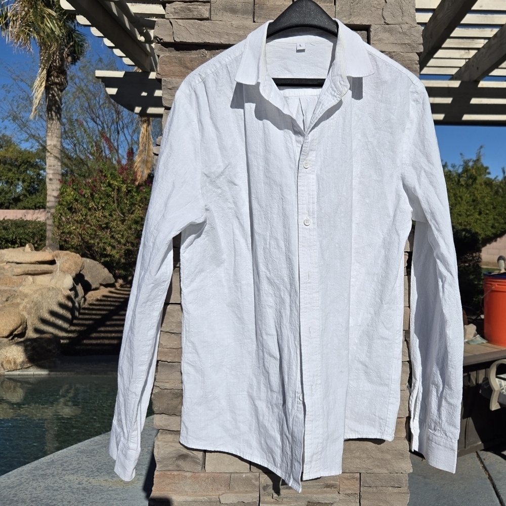 White Button-Up Shirt Sz Large Cotton Flax